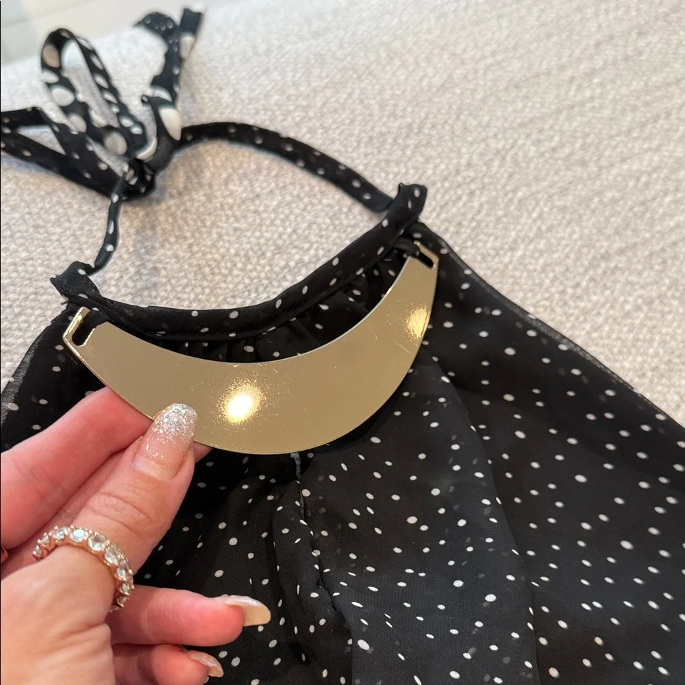 Black Polka Dot Halter Chiffon Maxi Dress Open Back - Picture 8 of 8
